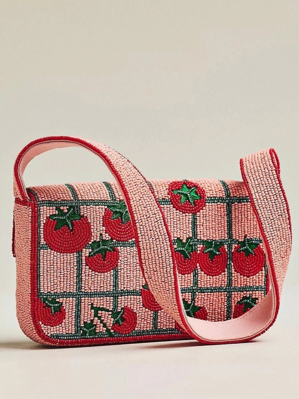 Anthropologie Fiona Beaded Tomato Shoulder Bag in Pink & Red NWT